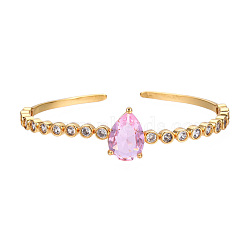 Glass Teardrop Open Cuff Bangle with Clear Cubic Zirconia for Women, Real 18K Gold Plated Brass Jewelry, Nickel Free, Pearl Pink, Inner Diameter: 2-1/8 inch(5.5cm)(BJEW-N012-013D)