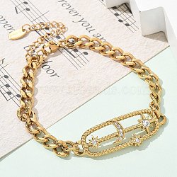 Rectangle 304 Stainless Steel Bracelets, Cuban Link Chain Jewelry for Women, with Cubic Zirconia, Real 18K Gold Plated, Moon, 6-7/8x1/4 inch(17.5x0.6cm), rectangle: 14x40.5x4mm(BJEW-R011-01G-02)