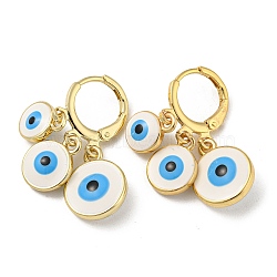 Real 18K Gold Plated Brass Dangle Leverback Earrings, with Enamel, Evil Eye, White, 27x12mm(EJEW-A033-12G-01)