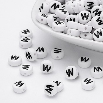 Acrylic Beads, with Horizontal Hole, Letter, Flat Round, Letter.W, 7x4mm, Hole: 1mm, about 3500pcs/500g