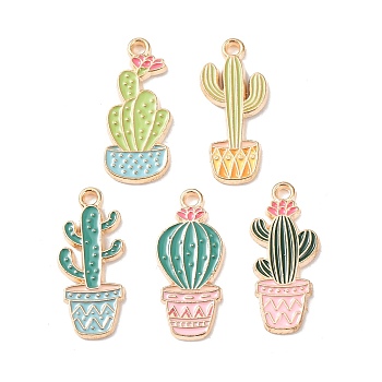 Alloy Enamel Pendants, Cactus Charms, Light Gold, 22.5~23x10x1.5mm, Hole: 1.6mm