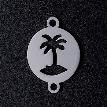 201 Stainless Steel Links connectors, Flat Round with Coconut Tree, Stainless Steel Color, 16.5x12x1mm, Hole: 1.5mm