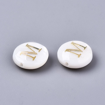 Natural Freshwater Shell Beads, with Golden Plated Brass Etched Metal Embellishments, Flat Round, Seashell Color, Letter.M, 8x3~5mm, Hole: 0.5~07mm
