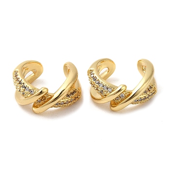 Rack Plating Brass Micro Pave Cubic Zirconia Criss Cross Cuff Earrings, Non Piercing Earrings, Cadmium Free & Lead Free, Real 18K Gold Plated, 14.5x14x6.5mm