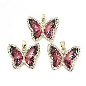 Real 18K Gold Plated Rack Plating Brass Micro Pave Cubic Zirconia Pendants, with Resin, Long-Lasting Plated, Cadmium Free & Lead Free, Butterfly, Dark Red, 21.5x26.5x5mm, Hole: 6x2.7mm