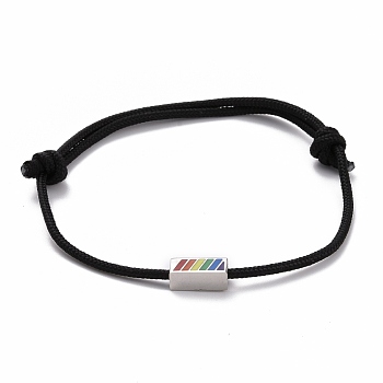 Rainbow Pride Bracelet, Rectangle Beads Adjustable Cord Bracelet for Men Women, Black, Inner Diameter: 1-7/8~3-1/2 inch(4.75~8.8cm)