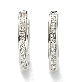 Brass Micro Pave Clear Cubic Zirconia Huggie Hoop Earrings, Teardrop, Real Platinum Plated, 16x14x2.5~2.7mm, Pin: 1mm