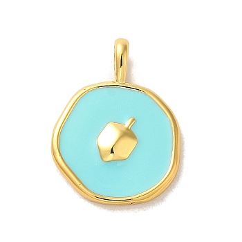 Hannukah Brass Enamel Pendants, Real 14K Gold Plated, Flat Round with Dreidel Charm, Pale Turquoise, 18.5x14x2mm, Hole: 3.5x2mm