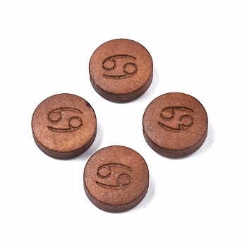 Laser Engraved Wood Beads, Flat Round with 12 Constellations, Dyed, Camel, Cancer, 12x4mm, Hole: 1.6mm