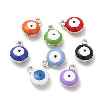 Alloy Enamel Charms, Mixed Color, Flat Round with Evil Eye Charm, Platinum, 13x10x6mm, Hole: 1.5mm