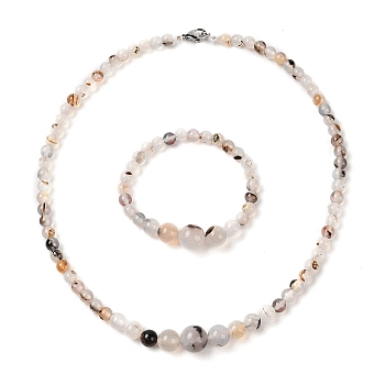 Natural Dendritic Agate Round Beads Bracelets & Necklaces Sets, with 304 Stainless Steel Clasps, 18.70 inch(475mm)