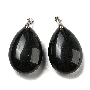 Natural Obsidian Pendants, Teardrop Charms, with Rack Plating Platinum Plated Brass Pinch Bails, Lead Free & Cadmium Free, 41~42x23~24x13~14.5mm, Hole: 4x3.5mm
