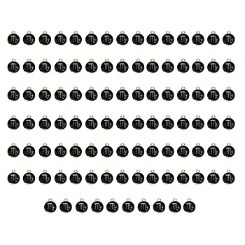 Alloy Enamel Pendants, Flat Round with Constellation, Light Gold, Black, Scorpio, 15x12x2mm, Hole: 1.5mm, 100pcs/Box