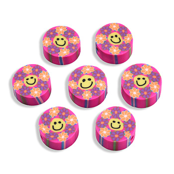Handmade Polymer Clay Beads, Flat Round with Smiling Face & Flower, Deep Pink, 8.5~10x4.5mm, Hole: 1.5mm