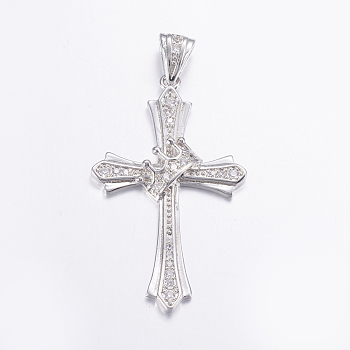 Brass Micro Pave Cubic Zirconia Pendants, Long-Lasting Plated, Real Platinum Plated, Cross, 42x25.5x3.5mm, Hole: 2.5x5.5mm