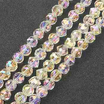 Electroplate Glass Beads Strands, Full Rainbow Plated, Faceted Bicone, Light Yellow, 8x9.5x8.5mm, Hole: 1.5mm, about 72pcs/strand, 26.93''(68.4cm)