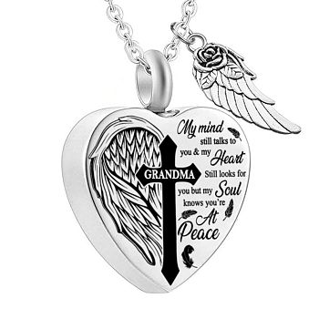 Heart and Wing Urn Ashes Pendant Necklace, Cross with Word Grandma 316L Stainless Steel Memorial Jewelry for Men Women, Word, 18.9 inch(48cm)