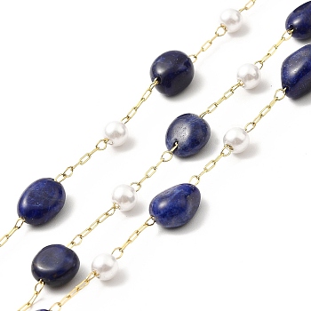 Ion Plating(IP) 316 Surgical Stainless Steel Paperclip Chains, with Natural Lapis Lazuli Nuggets Beads and Glass Beads, Soldered, Real 18K Gold Plated, with Spool, Link: 2.5x1x0.5mm