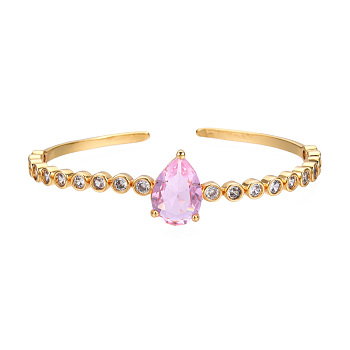 Glass Teardrop Open Cuff Bangle with Clear Cubic Zirconia for Women, Real 18K Gold Plated Brass Jewelry, Nickel Free, Pearl Pink, Inner Diameter: 2-1/8 inch(5.5cm)