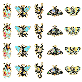 20Pcs 5 Styles Insect Series Alloy Enamel Pendants, Light Gold, Scorpion/Cicada/Butterfly/Beetle/Bees, Black, 22~31x18~30x1.5mm, Hole: 1.8mm, 4pcs/style