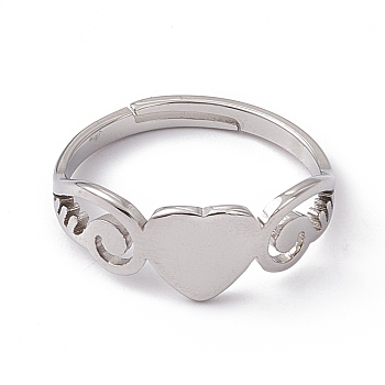 201 Stainless Steel Heart Adjustable Ring for Women, Stainless Steel Color, US Size 6 1/4(16.7mm)