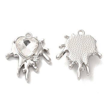 Alloy Pendant, with Glass, Platinum, Lead Free & Cadmium Free, Melting Heart Charm, Clear, 24x20.5x6mm, Hole: 1.6mm