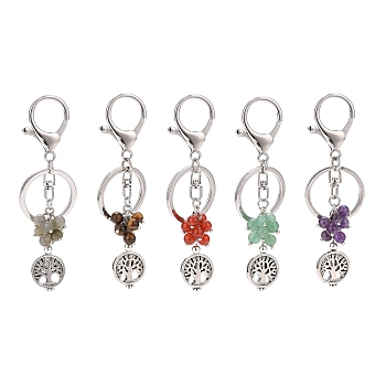 Natural Mixed Gemstone Keychain, with Alloy Split Key Rings, Keychain Clasp and Flat Round with Tree Beads, 9cm