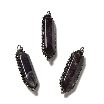 Natural Amethyst Big Pendants, Faceted Bullet Charms, with Antique Silver Tone Brass Chain and Stannum, Lead Free & Cadmium Free, 52~57x17~17.5x13~13.5mm, Hole: 4mm