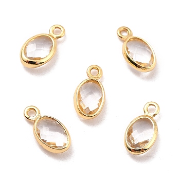 Eco-Friendly Brass with Glass Pendants,  Long-Lasting Plated, Lead Free & Cadmium Free & Nickel Free, Oval, Real 18K Gold Plated, Ghost White, 9x4.5x2mm, Hole: 1.2mm