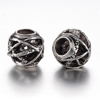 Alloy European Beads, Large Hole, Hallow Round, Antique Silver, 11x10mm, Hole: 5mm