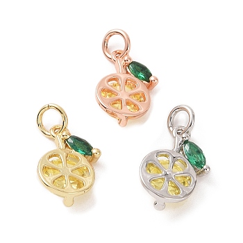Brass Micro Pave Cubic Zirconia Charms, with Jump Ring, Lemon, Yellow & Green, Mixed Color, 11x7x3.5mm, Hole: 2.5mm