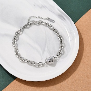 201 Stainless Steel Cable Chain Link Bracelets, with 304 Stainless Steel Heart Charm for Women, Stainless Steel Color, 8-1/2 inch(21.5cm)