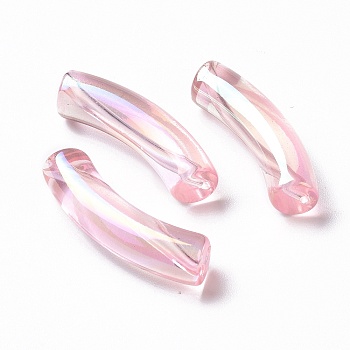 UV Plating Transparent Rainbow Iridescent Acrylic Beads, Curved Tube, Pearl Pink, 32~33x10x8mm, Hole: 1.6mm