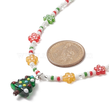 collier pendentif lampwork arbre de noël avec des chaînes de fleurs de graines de verre pour les femmes(NJEW-TA00070)-5