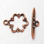Alloy Toggle Clasps, Nickel Free, Lead Free and Cadmium Free, Red Copper, Flower: 19x15x1.5mm, hole: 2mm. Bar: 24x6x4mm, hole: 2mm.(X-EA777Y-R-NR)