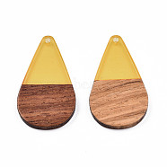 Transparent Resin & Walnut Wood Pendants, Teardrop Shape Charm, Yellow, 38x22x3mm, Hole: 2mm(RESI-N025-030-C08)