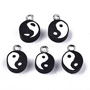 Handmade Polymer Clay Charms, with Platinum Tone Iron Findings, Flat Round with Yin Yang, Black, 13~14x9~10x4.5mm, Hole: 1.8mm(X-CLAY-T016-45)