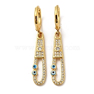 Real 18K Gold Plated Brass Dangle Leverback Earrings, with Enamel and Cubic Zirconia, Evil Eye, Deep Sky Blue, 38.5x6mm(EJEW-A033-17G-03)