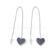 Long Chain with Enamel Heart Dangle Stud Earrings, 304 Stainless Steel Ear Thread for Women, Stainless Steel Color, Black, 101mm, Pin: 1mm(EJEW-A067-01P-A)