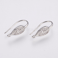 Brass Micro Pave Cubic Zirconia Earring Hooks Findings, with Horizontal Loop, Leaf, Clear, Platinum, 21x6mm, Hole: 1.5mm, Pin: 0.8mm(X-ZIRC-K075-38P)