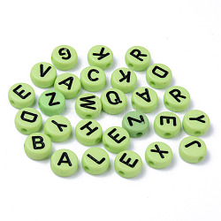 Opaque Acrylic Beads, Horizontal Hole, Flat Round with Black Random Letters, Lawn Green, 10x4.5mm, Hole: 2mm, about 1600pcs/500g(MACR-S273-50B)