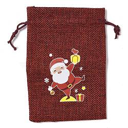 Christmas Theme Jute Cloth Storage Bags, Rectangle Drawstring Bags, FireBrick, Santa Claus, 14x10x0.4cm(ABAG-F010-01B-05)