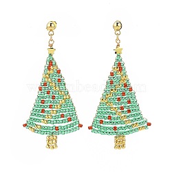 Glass Seed Braided Christmas Tree Dangle Stud Earrings, Golden 304 Stainless Steel Wire Wrapped Long Drop Earrings for Women, Colorful, 59mm, Pin: 0.7mm(EJEW-MZ00027)
