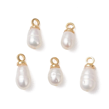 Natural Cultured Freshwater Pearl Rice Charms, with Brass Bails, Golden, Creamy White, 8~10.5x4~4.5mm, Hole: 1.6mm