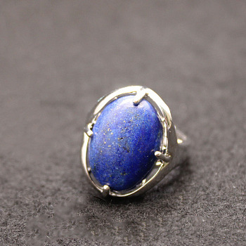Oval Natural Lapis Lazuli Adjustable Ring, Platinum Alloy Jewelry for Women, Inner Diameter: 18mm