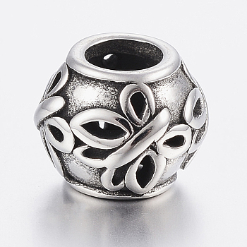 304 Stainless Steel Beads, Large Hole Beads, Rondelle with Butterfly, Antique Silver, 12x10mm, Hole: 6mm