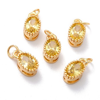 Real 18K Gold Plated Brass Inlaid Cubic Zirconia Charms, with Jump Ring, Long-Lasting Plated, Oval, Yellow, 9.5x5x4mm, Jump Ring: 4x0.5mm, 2.5mm Inner Diameter