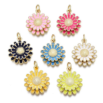 Brass Enamel Pendants, Nickel Free, Real 16K Gold Plated, with Jump Rings, Chrysanthemum, Mixed Color, 18.5x16x4mm, Jump Ring: 5x1mm, Inner Diameter: 3mm