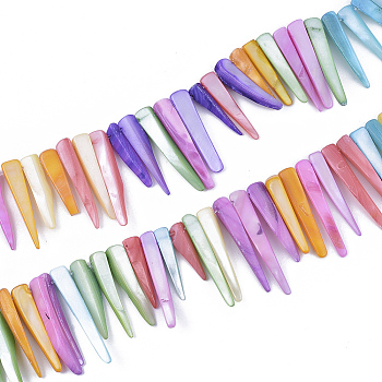 Freshwater Shell Beads Strands, Dyed, Tusk Shape, Colorful, 19~42x4~8x3~6mm, Hole: 1mm, about 58pcs/strand, 14.37 inch(36.5cm)