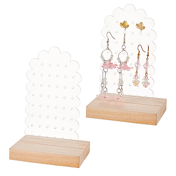 Transparent Acrylic Earring Diaplay Stands, Earring Organizer Holder with Wooden Base, Flower Pattern, 10x7x15.7cm